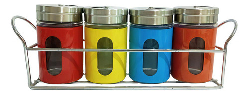 Frascos Especieros Colores Vidrio Set X4 Uni + Base Colgante