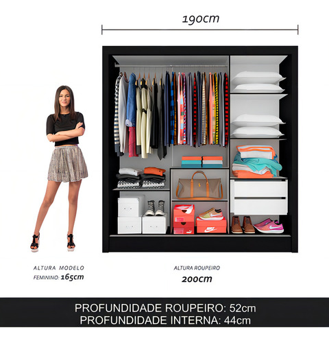 Guarda Roupa Casal Paula 3 Pts 2gavetas Laterais Preto Fosco