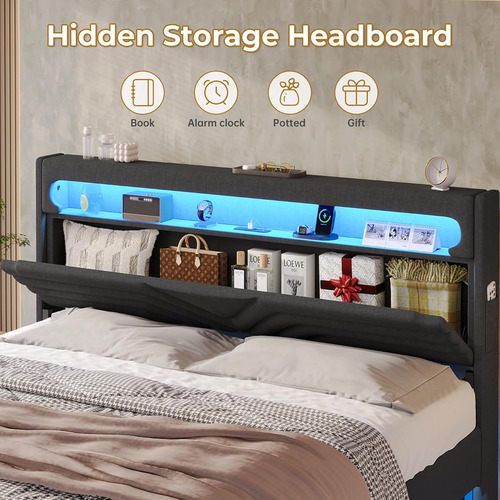 Bed Frame King Size C/ Cabecera Con Luz Led & Usb Grey