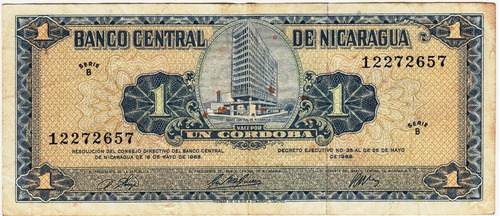 Nicaragua Billete 1 Cordoba Vf 1968 Serie B Pic 115