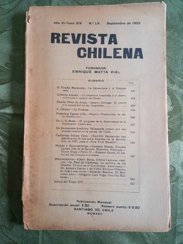 Revista Chilena Septiembre 1922 Año Vi - Tomo Xiv N° Lv