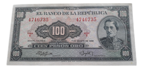 Billete Colombia 100 Pesos Oro 1958 Primera Fecha Estado 9.5