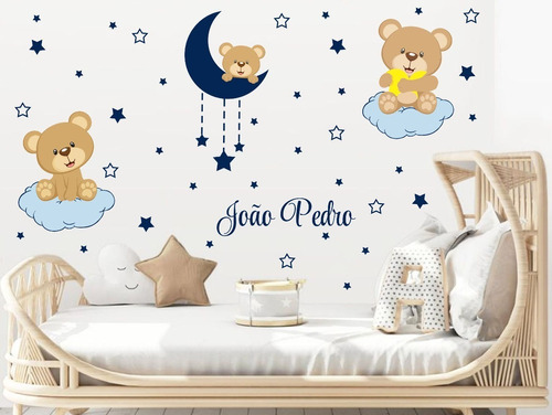 Adesivo De Parede Infantil Urso Lua Com Nome Personalizado