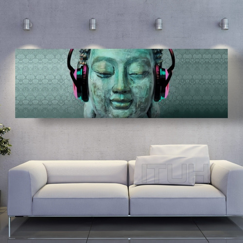 Cuadro Decorativo Buda Con Audífonos Canvas 1.40m X 45cm 