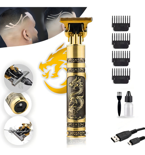 Máquina Profissional Cabelo Barbear Acabamento Recarregável Cor Dourado