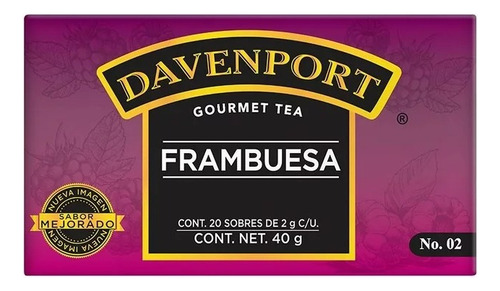 2 Pza Té Gourmet Davenport Frambuesa 20 Sobres De 2 G C/u