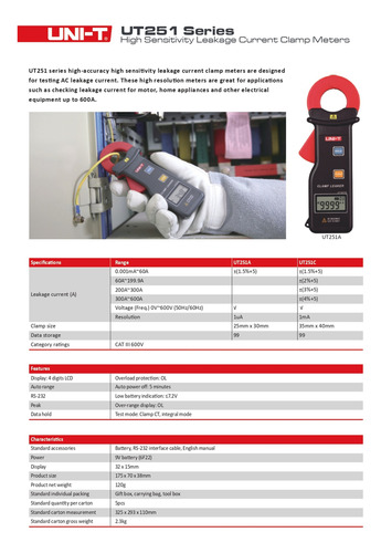 Pinza Amperométrica De Corriente De Fuga 600a Uni-t Ut251c