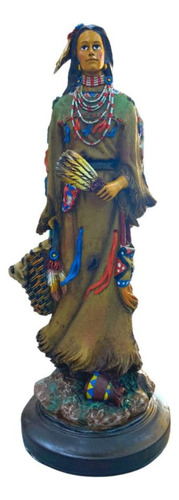 Estatua Índia Xamã 32cm Com Abano E Cesta
