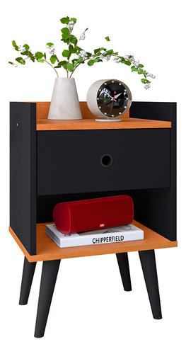 Mesa De Cabeceira Criado Mesa Apoio De Cama Para Quarto Com Gaveta E Pés Palito Retrô Sonho - Preto / Cinamomo