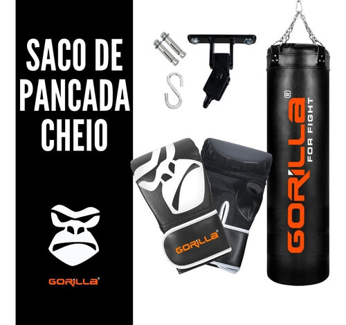 Kit Saco De Pancadas 160 Cheio Boxe + Luva + Suporte Gorilla Cor Preto