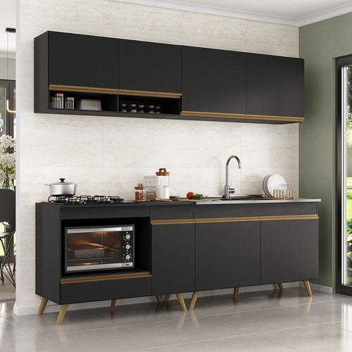 Cozinha Modulada Compacta 4 Peças Veneza Multimóveis Mp2264 Cor Preto/dourado
