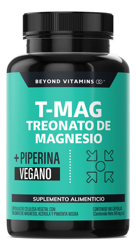 T-mag Treonato Magnesio, Magnesio Y Acerola | Alta Absorción Con Piperina Al 95% | Sin Azúcar - Suplemento Alimenticio Vegano Beyond Vitamins - 180 Cápsulas