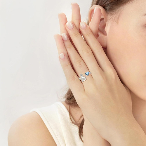 V Anillo Gato Corazón Azul Ajustable Plata Regalo Mujer
