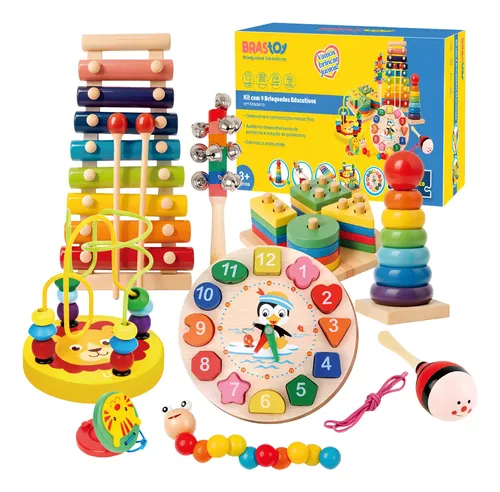 Brastoy Kit 9 Brinquedos Montessori Pedagogico De Madeira - R$ 91