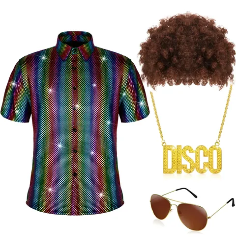 Disfraz Hippie Años 70 Para Hombre – Camisa Floral, Peluca Afro, Gafas De Sol, Collar Y Pulsera, Ideal Para Halloween Y Fiestas Retro