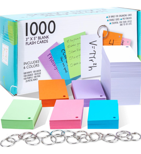 Hapinest 1000 Tarjetas Flash En Blanco De 3 X 5 Con 20 Anill