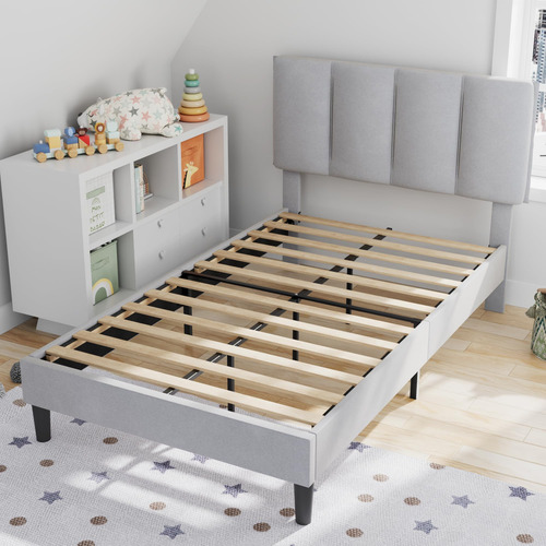 Base De Cama Individual Tapizada Resistente Color Gris Claro