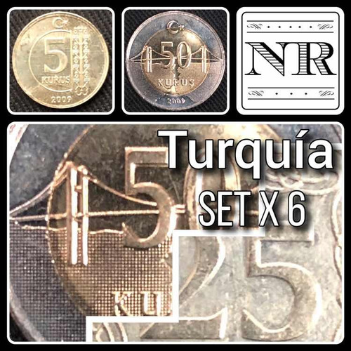 Turquia - Set X 6 Monedas  - Año 2009 - 2 Bimetalicas