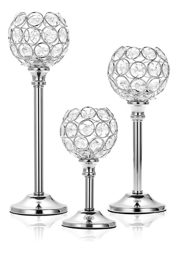 Set 3 Candelabros Cristal Plateado Metal Votivos Altos Elega