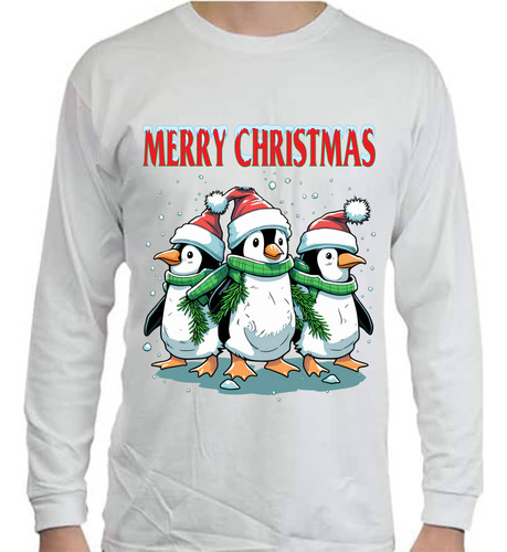 Playera Feliz Navidad - Pingüinos Con Gorro Navideño