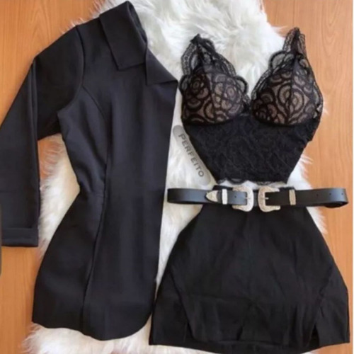 Conjunto Blazer Short Cropped Top Blazer 3 Peças Manga Curta