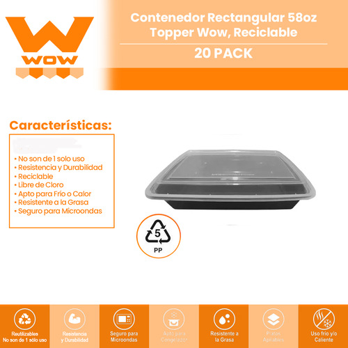 Contenedor Rectangular 58oz, Topper Wow, 20 Jgos, Reciclable