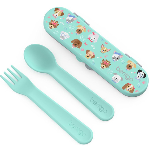 Bentgo Kids Set Cubiertos De Plastico Con Estuche Perritos Color Agua