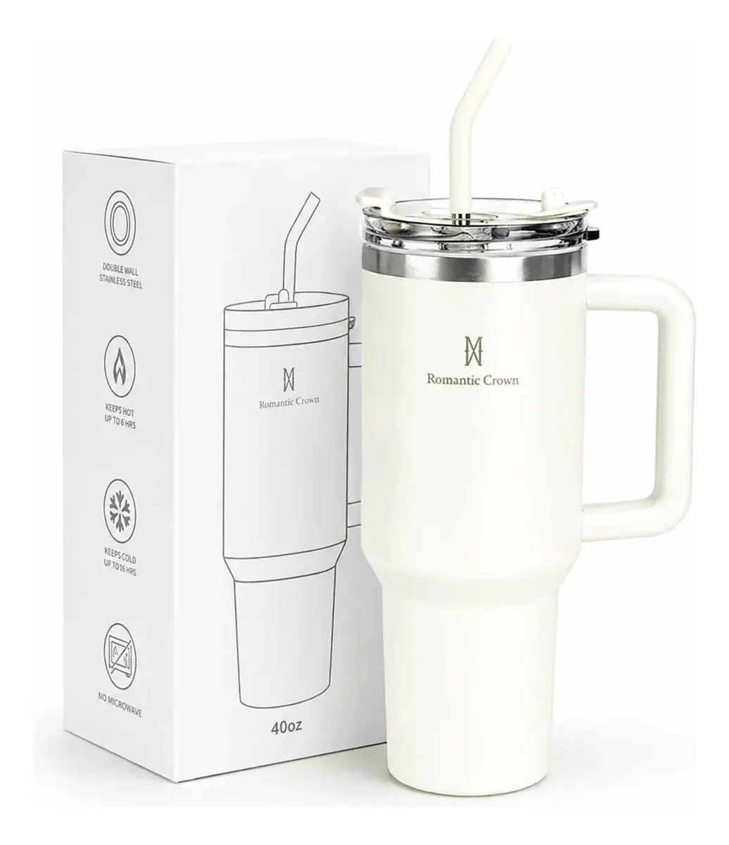 Copo Térmico Gigante 1,2l Inox Com Tampa E Inox Canudo Cor Branco Cor Pura / Material Fosco