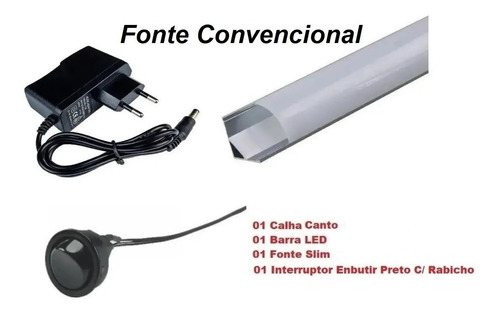 01 Perfil Sobrepor Canto C/ Barra Led 185cm + Fonte + Interr