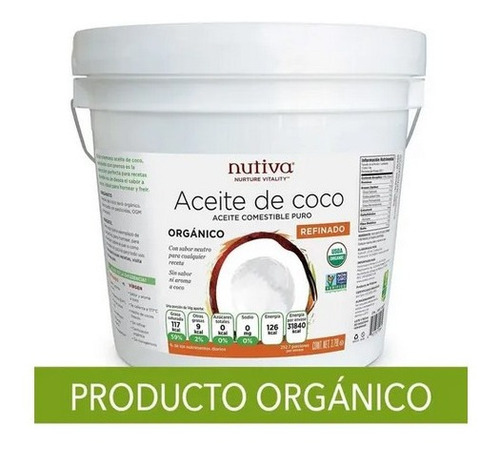 Imagen 1 de 1 de Nutiva Aceite De Coco Comestible Puro Refinado 3.79 Lt