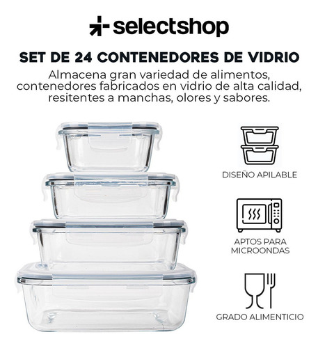 Set 24 Contenedores 48 Pz Tóper De Vidrio Hermético Con Tapa Selectshop