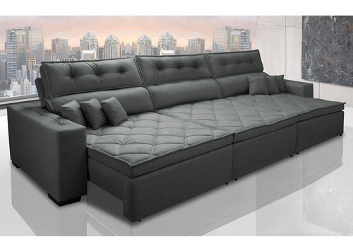 Sofá Retrátil e Reclinável 3,52m Austin com Molas no Assento Suede Velusoft Cinza Cama inBox