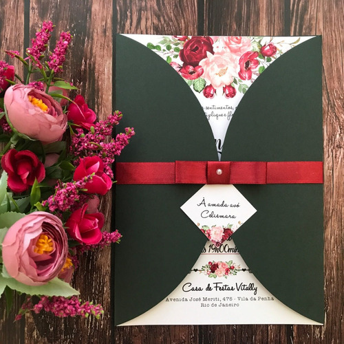 110 Convites De Casamento Floral Marsala E Rose R02 | Parcelamento sem juros