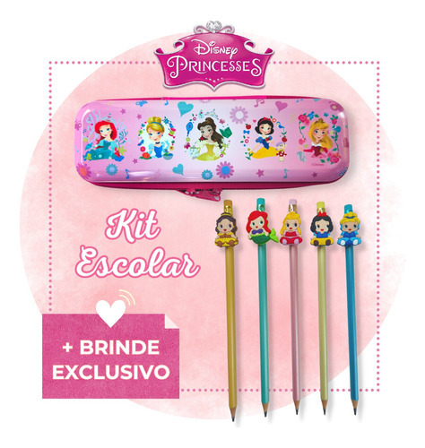 Kit Papelaria Escolar Lapis Princesas Estojo Enfeite Disney Cor Rosa Princesas Pink