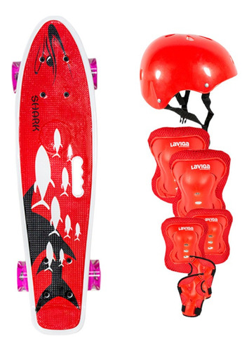 Kit Juvenil Patineta Penny Diseño Estampado + Protecciones Color de las ruedas Tiburones/Rojo