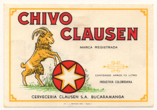 Etiqueta De Cerveza Chivo Clausen Bucaramanga 1913 - 1950