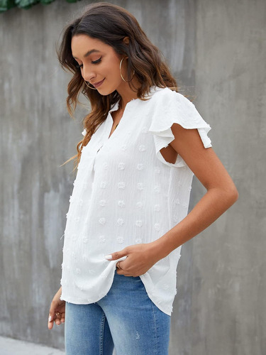 Blusa Para Mujer, Cuello En V, Mangas Con Volantes, Camisas