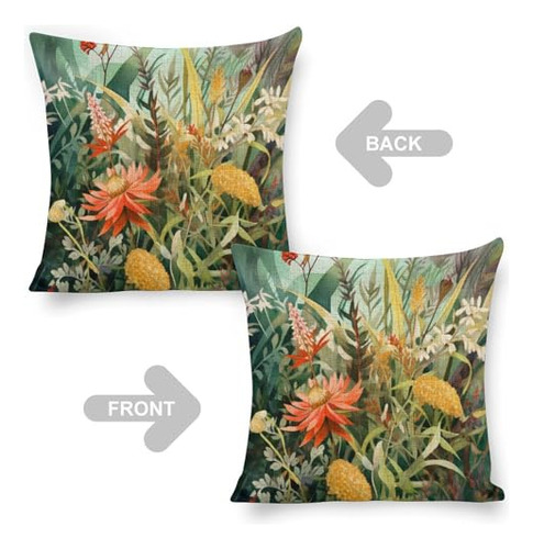 Funda De Almohada De Lino De 18x18 Pulgadas Con Flores Acuar