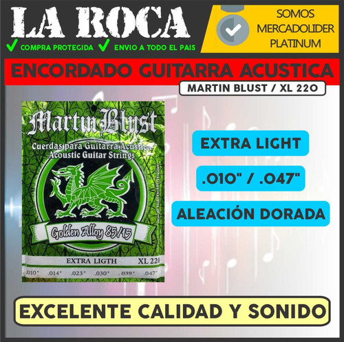 Imagen 3 de 10 de Encordado Guitarra Acustica Martin Blust 010 Xl 220 Cuotas
