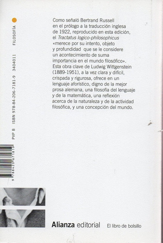 Imagen 2 de 3 de Tractatus Logico Philosophicus - Wittgenstein - Alianza Edi