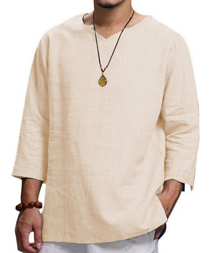 Camisa De Algodón Liso Para Hombre, Camisa Con Cuello En V