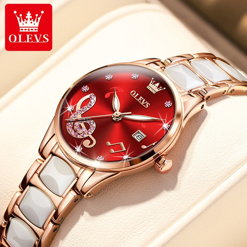 Relógio de pulso Olevs 3605 com corpo rosê gold,  analógico, para feminino, fundo  vermelho, com correia de ceramic/stainless steel cor e borboleta