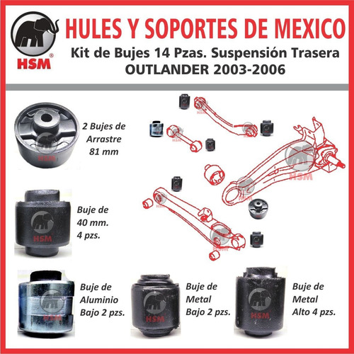 Imagen 5 de 7 de Kit Bujes Brazos Traseros Outlander 81mm 14pz 2007