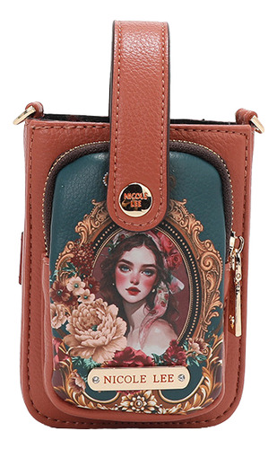 Bolsa Para Celular Nicole Lee Estampada The Queen Ss25 Acabado de los herrajes Níquel Color Carmín Correa de hombro Café