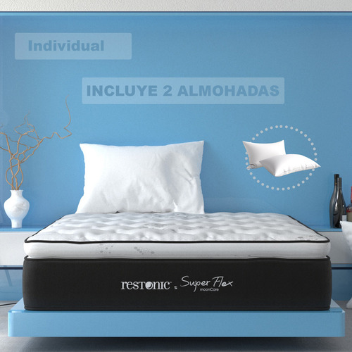 Colchón Individual Restonic One Flex Ortopédico | Hipoalergénico Tecnología Never Turn + 2 Almohadas | Comfort Y Descanso