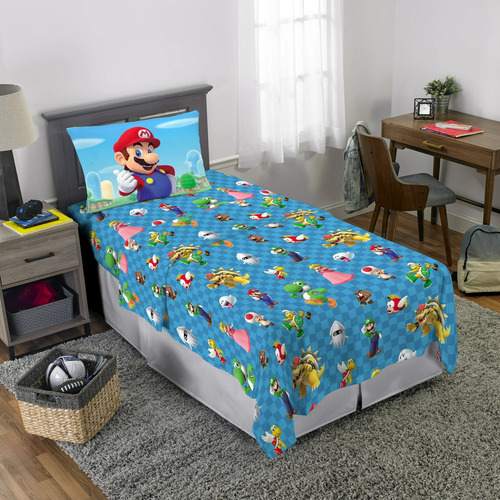 Juego Cama Mario Bros 6pz Matrimonial Edredon 2vistas Sabana Azul Mario Bros