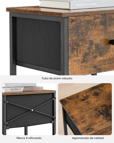 Vasagle Mesita De Noche, Mesa Auxiliar Con Cajón De Tela Color Marrón Rústico Negro