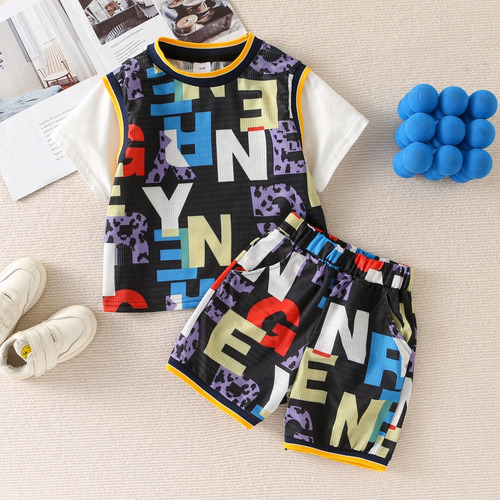 Conjunto Verano Niños 1-6a Con Diseño De Malla Transpirable Negro 3-4 Años