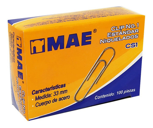 Clip Estandar Mae Cs1 Caja C/100 Pzs Niquelado No.1