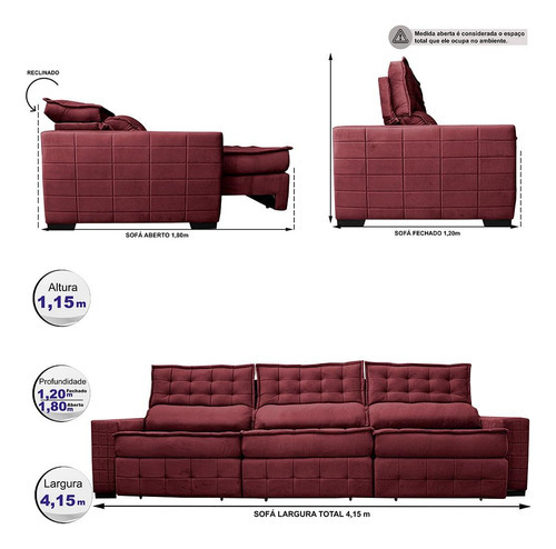 Sofá Retrátil 4,15m Cama Inbox Big Puffer. Com Softgel d40 Cor Vinho